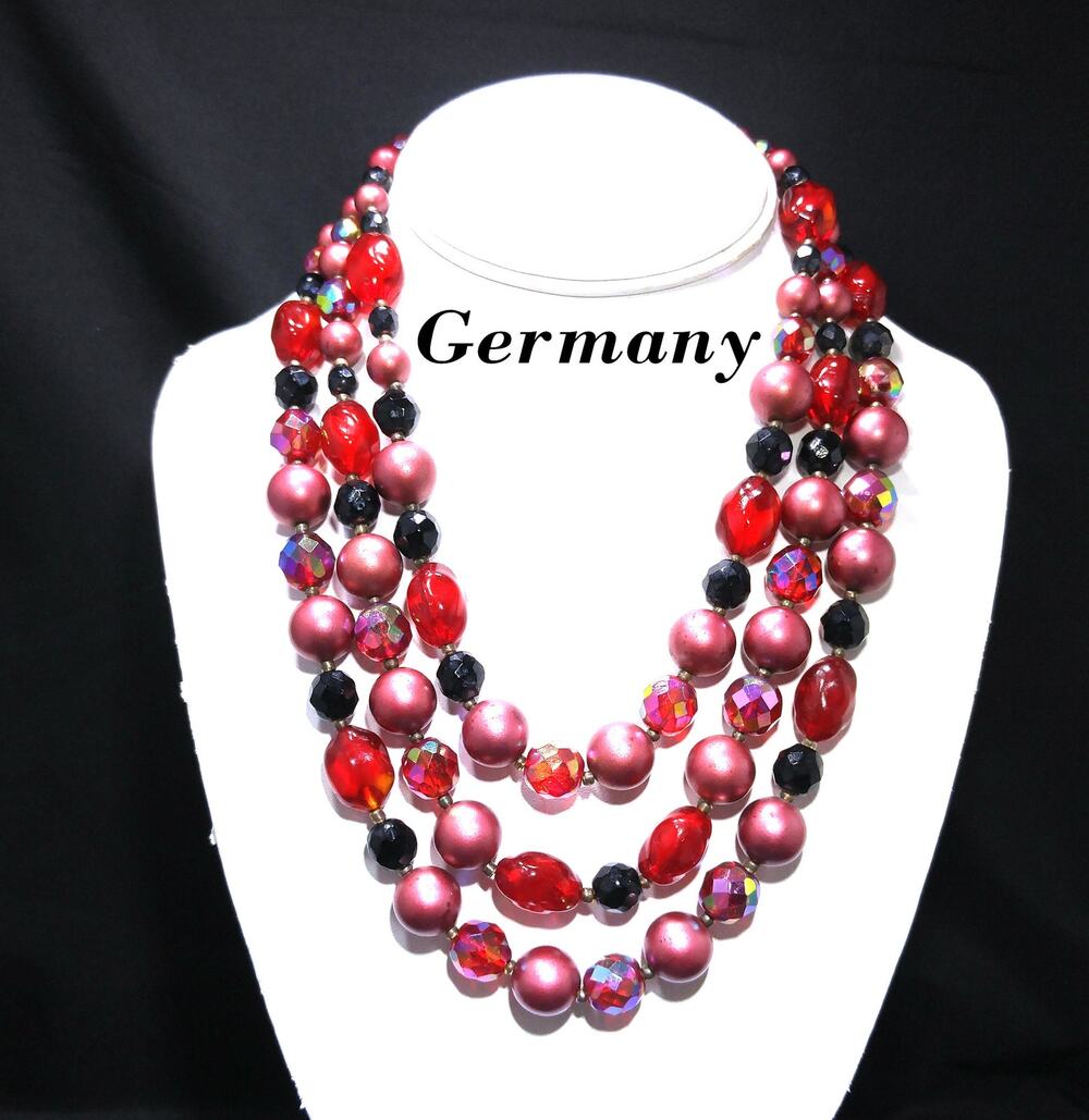 Vintage Germany Red Czech Glass Beaded Necklace 3 Strand Brass Clasp